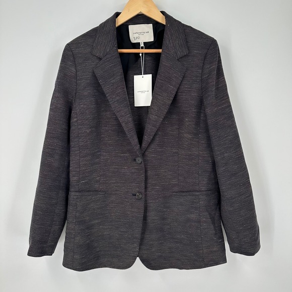 New Lafayette 148 Size 12 Wool & Linen-Blend Two-Button‎ Blazer Black Multi